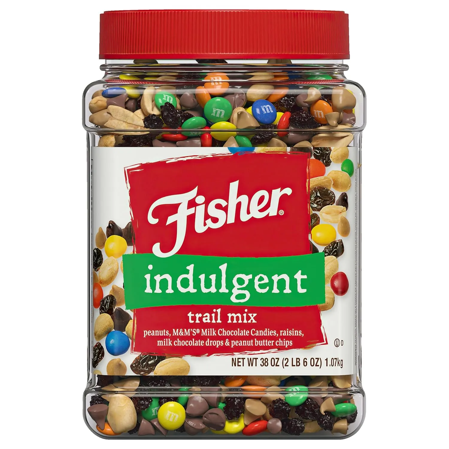Fisher Snack Indulgent Bulk Trail Mix, 38 oz (Pack of 1), Peanuts, Milk Chocolate Candies, Raisins, Milk Chocolate and Peanut Butter Chips, Snacks for Adults and Kids, Trail Mix Snacks