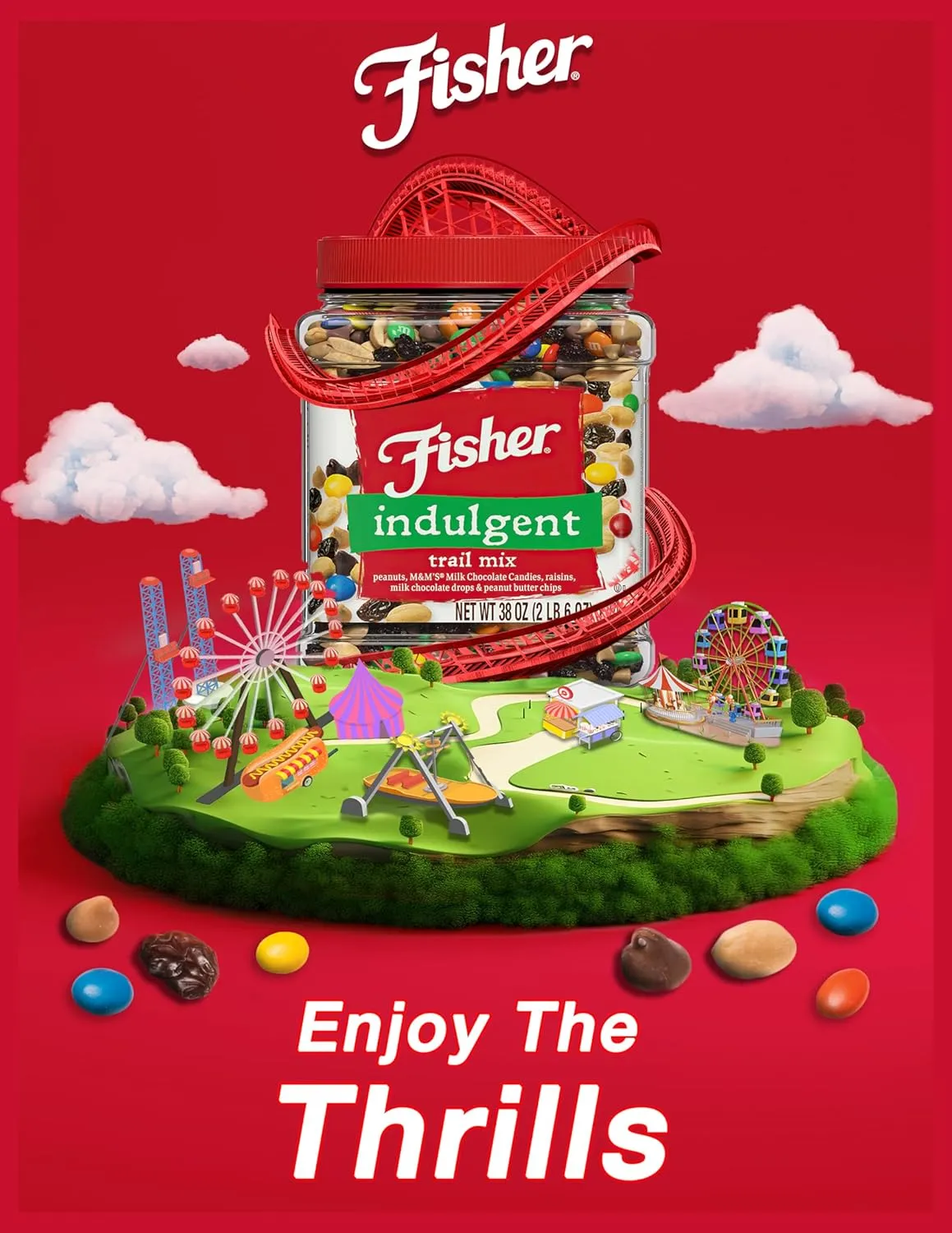 Fisher Snack Indulgent Bulk Trail Mix, 38 oz (Pack of 1), Peanuts, Milk Chocolate Candies, Raisins, Milk Chocolate and Peanut Butter Chips, Snacks for Adults and Kids, Trail Mix Snacks