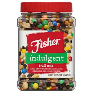 Fisher Snack Indulgent Bulk Trail Mix, 38 oz (Pack of 1), Peanuts, Milk Chocolate Candies, Raisins, Milk Chocolate and Peanut Butter Chips, Snacks for Adults and Kids, Trail Mix Snacks