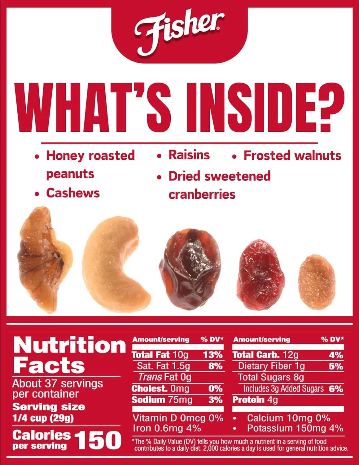Fisher Snack Sweet Nut Bulk Trail Mix, 38 oz (Pack of 1), Honey Roasted Peanuts, Raisins, Frosted Walnuts, Cashews, Dried Sweetened Cranberries, Snacks for Adults & Kids, Dried Fruit, Trail Mix Snacks
