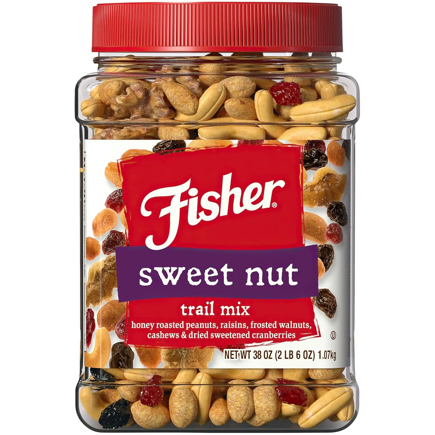 Fisher Snack Sweet Nut Bulk Trail Mix, 38 oz (Pack of 1), Honey Roasted Peanuts, Raisins, Frosted Walnuts, Cashews, Dried Sweetened Cranberries, Snacks for Adults & Kids, Dried Fruit, Trail Mix Snacks