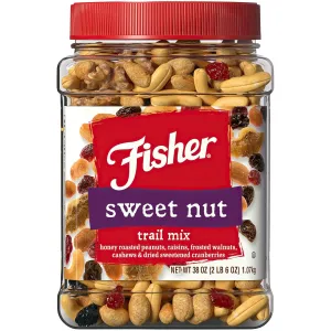 Fisher Snack Sweet Nut Bulk Trail Mix, 38 oz (Pack of 1), Honey Roasted Peanuts, Raisins, Frosted Walnuts, Cashews, Dried Sweetened Cranberries, Snacks for Adults & Kids, Dried Fruit, Trail Mix Snacks