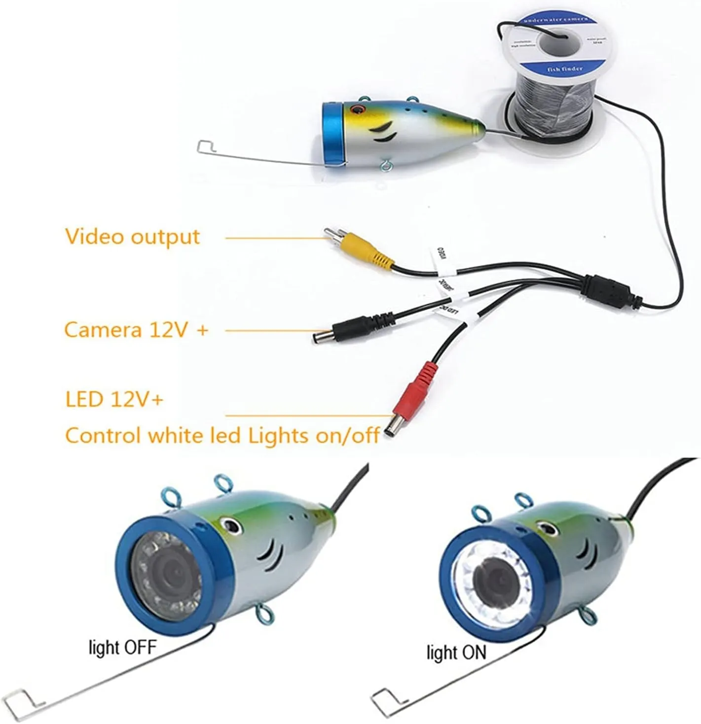 Fishing Camera, 7" Inch 1000tvl Underwater Fishing Video Camera Kit 2 PCS LED White Lamp Lights Video Fish Finder Lake Under Water Fish Camera(F007M-10M-W)