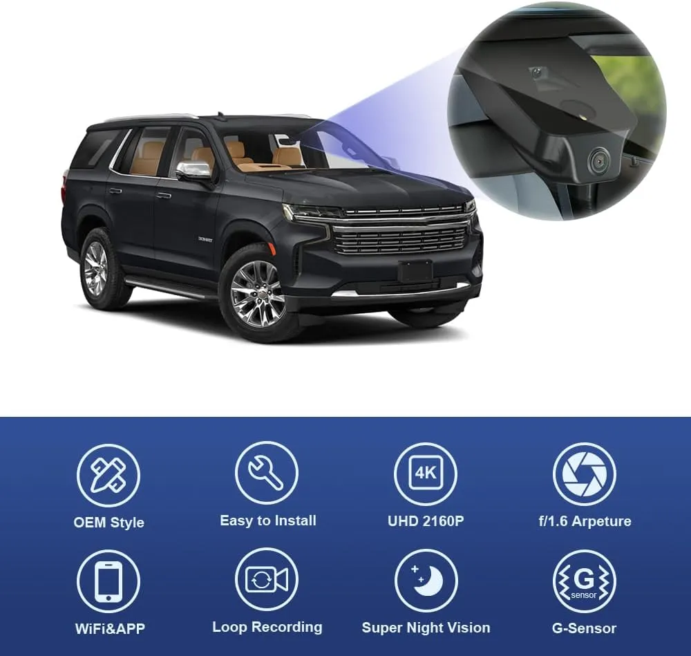 Fitcamx 4K Dash Cam for 2021-2025 Chevy Tahoe LS LT RST Premier Z71 High Country (HD2-4925) with Auto-Dimming, OEM Style, 2160P UHD Video, WiFi & APP, Loop Recording, G-Sensor, Plug & Play, 64GB Card
