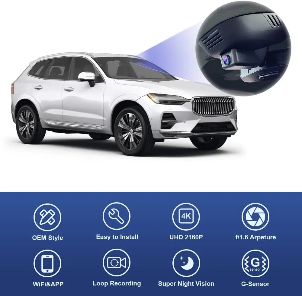 Fitcamx 4K Dash Cam Suitable for Volvo V90 XC60 S90 2022-2025 B5 B6 T8 (Model B), OEM Factory Look, 2160P UHD Video, Built-in WiFi & APP, Loop Recording, G-Sensor, Easy to Install, 64GB Card