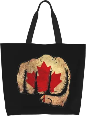 Flag of Canada Fist Power Canvas Tote Bags for Women, Ladies Shoulder Handbags Large Purse Lightweight Foldable Reusable Shopping Bag with Pockets for Work, Travel, 15.7x19.7in