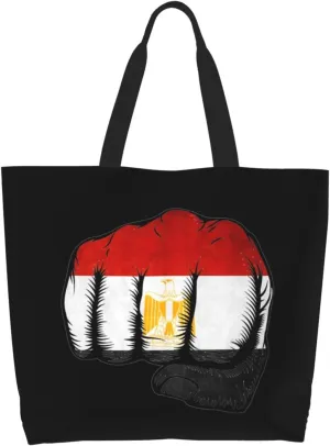 Flag of Egypt Fist Power Canvas Tote Bags for Women, Ladies Shoulder Handbags Large Purse Lightweight Foldable Reusable Shopping Bag with Pockets for Work, Travel, 15.7x19.7in