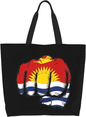 Flag of Kiribati Fist Power Canvas Tote Bags for Women, Ladies Shoulder Handbags Large Purse Lightweight Foldable Reusable Shopping Bag with Pockets for Work, Travel, 15.7x19.7in