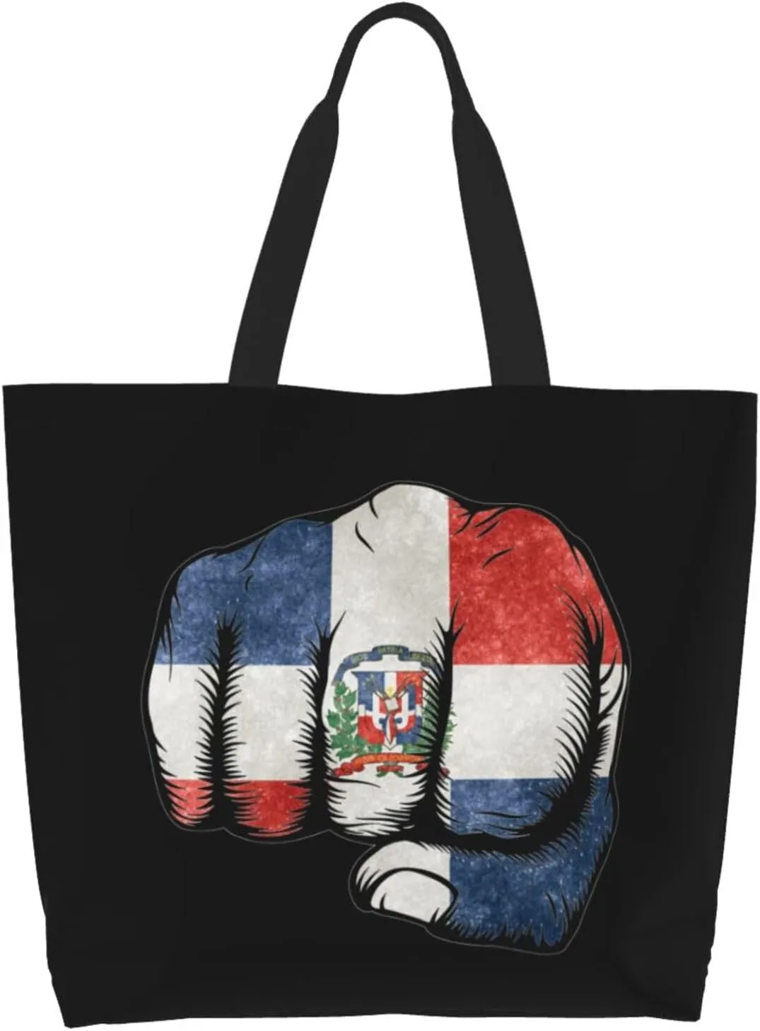 Flag of the Dominican Republic Fist Power Canvas Tote Bags for Women, Ladies Shoulder Handbags Large Purse Lightweight Foldable Reusable Shopping Bag with Pockets for Work, Travel, 15.7x19.7in