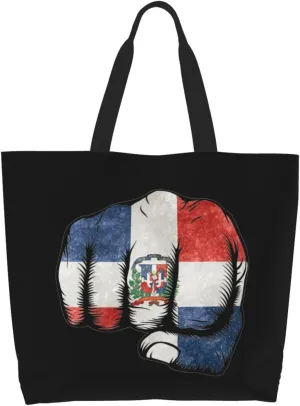 Flag of the Dominican Republic Fist Power Canvas Tote Bags for Women, Ladies Shoulder Handbags Large Purse Lightweight Foldable Reusable Shopping Bag with Pockets for Work, Travel, 15.7x19.7in