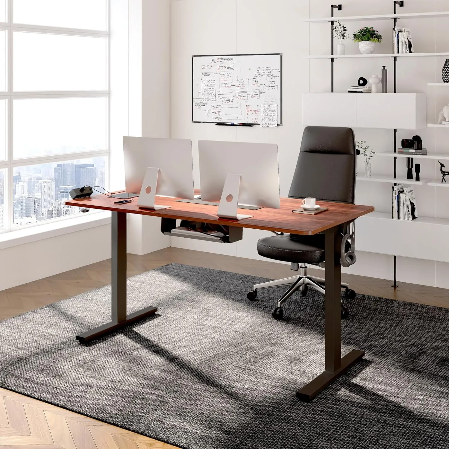 FLEXISPOT EN2 Whole-Piece Standing Desk with Clamp Power Strip, 55 x 28 Electric Stand Up Height Adjustable Desk with Cable Management (Black Frame   55" Mahogany Top, 2 Packages)