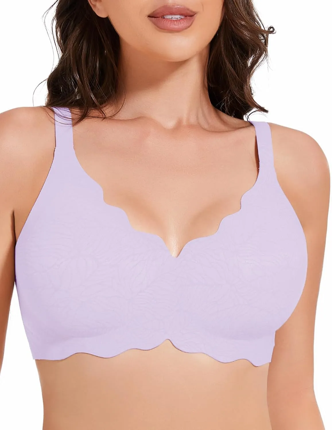 Floral Wireless Bras for Women No Underwire Seamless Bralettes for Women with Support V Neck Wavy Womens Bras