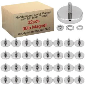 Flutesan 32 Pieces Super Powerful Neodymium Round Magnet with M6 Male Thread Bolts 90lb Heavy Duty Strong Rare Earth Mounting Magnet with Stud for Lighting Camera Brackets License Plate Outdoor Tools