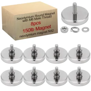 Flutesan 8 Pieces Super Powerful Neodymium Round Magnet with M6 Male Thread Bolts 150lb Heavy Duty Strong Rare Earth Mounting Magnet with Stud for Lighting Camera Brackets License Plate Outdoor Tools