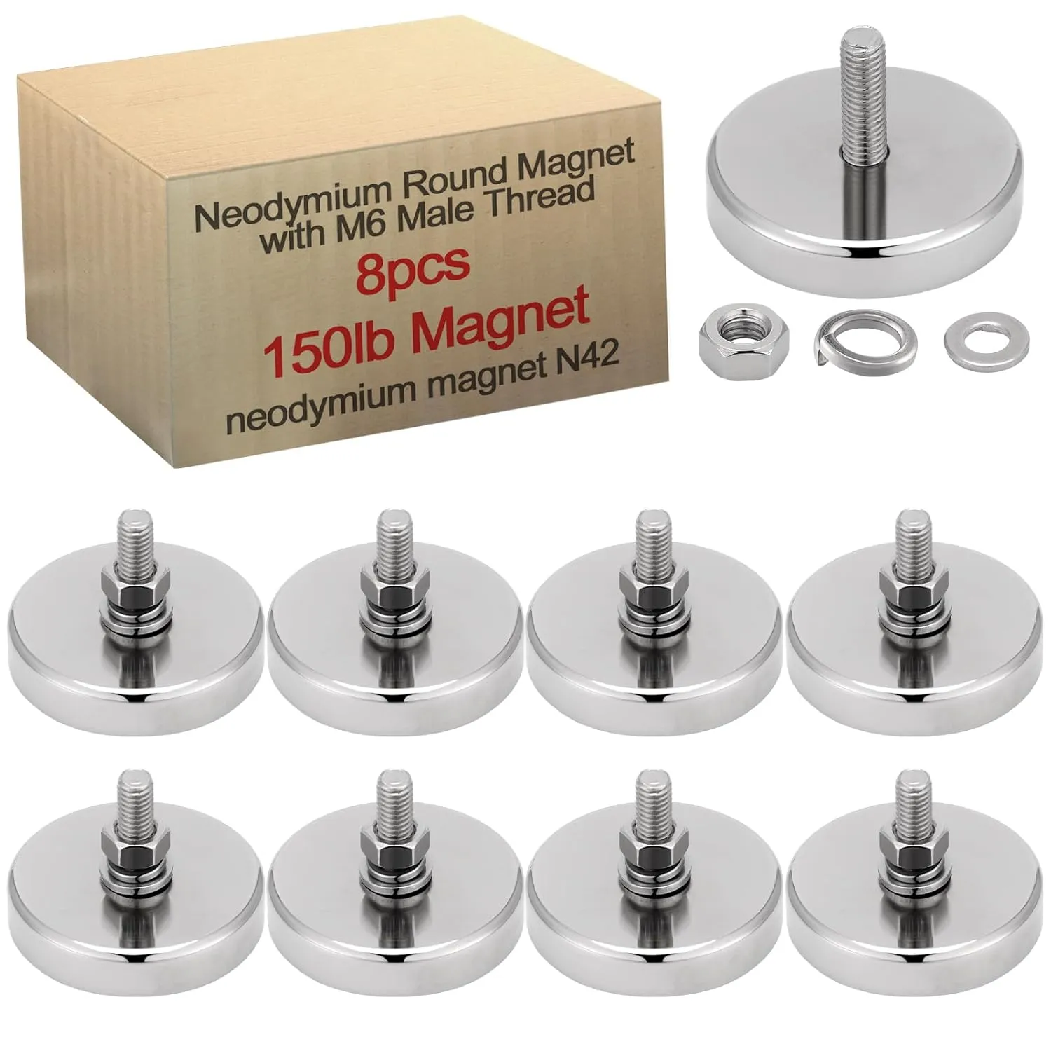 Flutesan 8 Pieces Super Powerful Neodymium Round Magnet with M6 Male Thread Bolts 150lb Heavy Duty Strong Rare Earth Mounting Magnet with Stud for Lighting Camera Brackets License Plate Outdoor Tools