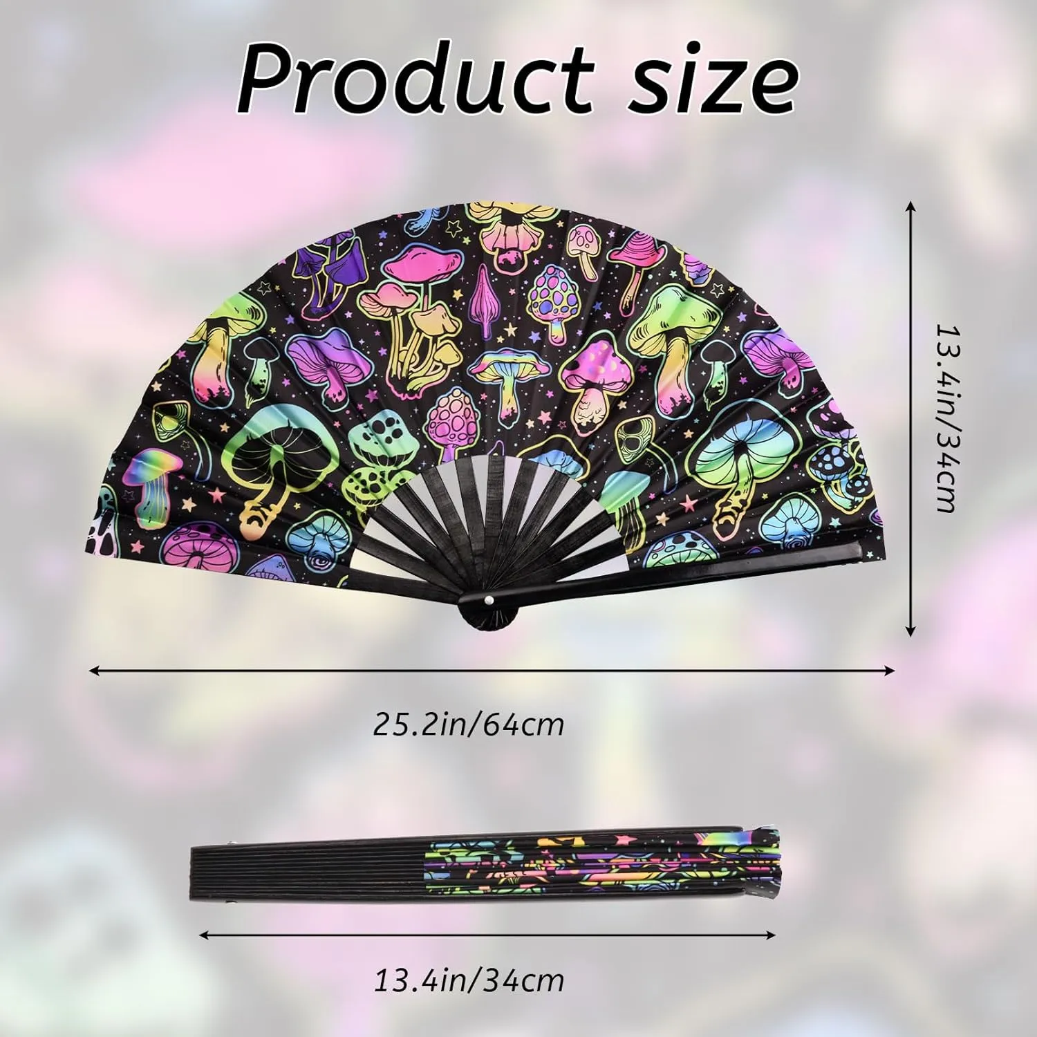 Foldable UV Glow Big Mushroom Hand Fan, Large Rave Fan Folding Hand Fan Bamboo Festival Clack Fan Performance Dance Party Accessories for Men Women