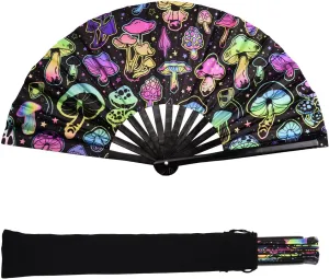 Foldable UV Glow Big Mushroom Hand Fan, Large Rave Fan Folding Hand Fan Bamboo Festival Clack Fan Performance Dance Party Accessories for Men Women