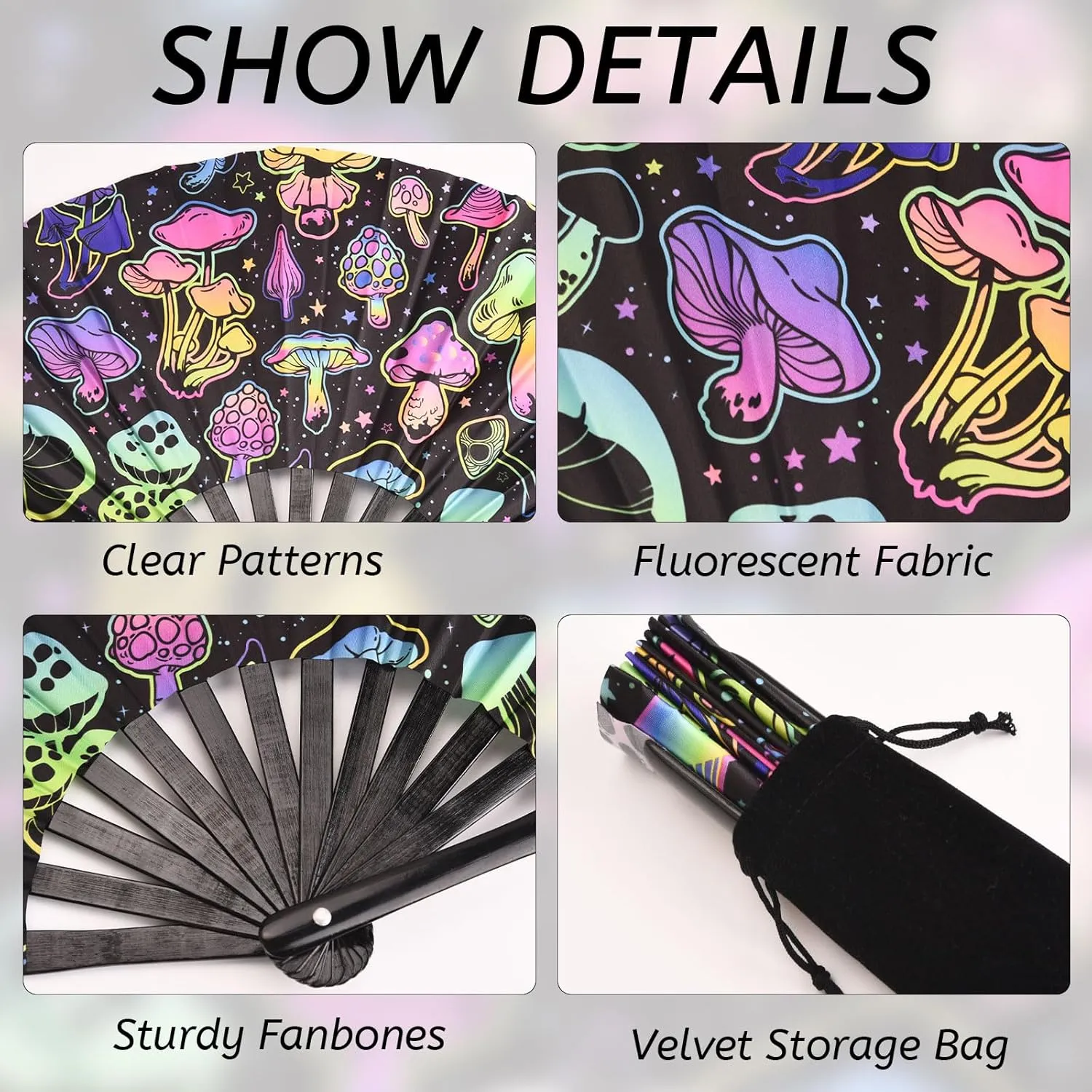 Foldable UV Glow Big Mushroom Hand Fan, Large Rave Fan Folding Hand Fan Bamboo Festival Clack Fan Performance Dance Party Accessories for Men Women
