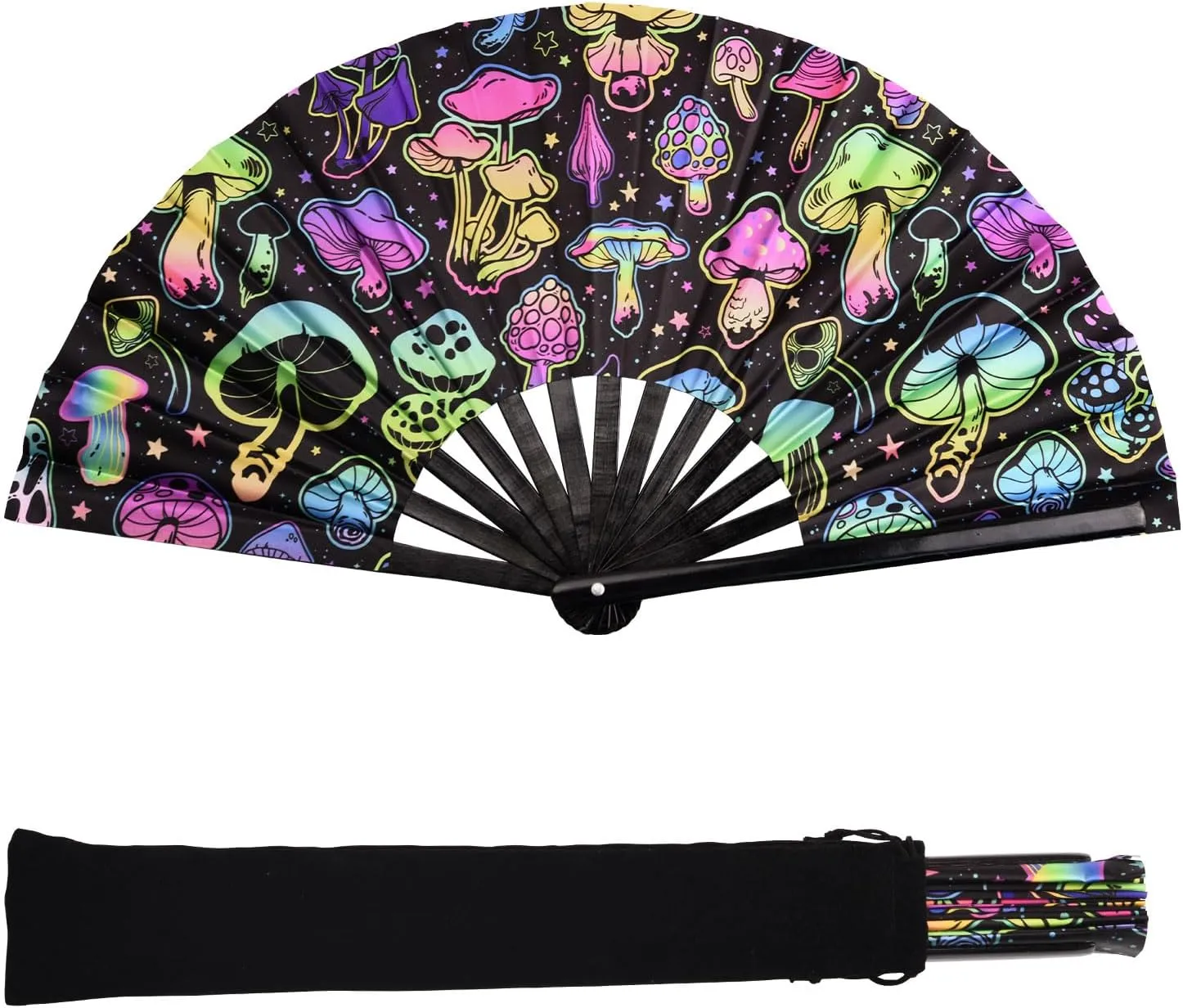 Foldable UV Glow Big Mushroom Hand Fan, Large Rave Fan Folding Hand Fan Bamboo Festival Clack Fan Performance Dance Party Accessories for Men Women