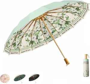 Folding umbrellas for rain and sun UPF 50  UV Protection Windproof waterproofing and Strong Travel Essentials for Men Women 16 bones Wooden Handle Floral umbrella