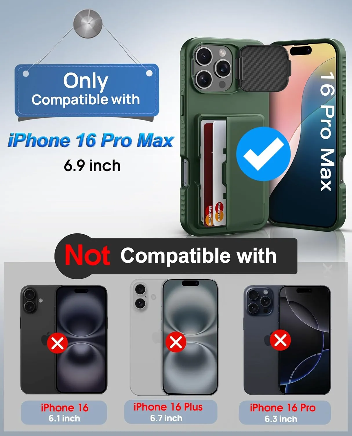 for iPhone 16 Pro Max Wallet Case, Built-in Credit Card Holder (4-5 Cards), Camera Cover Stand, Military Grade Protection, Rugged Heavy Duty Men Protective Phone Case for iPhone 16Pro Max, Green
