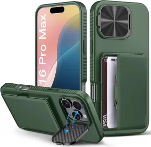 for iPhone 16 Pro Max Wallet Case, Built-in Credit Card Holder (4-5 Cards), Camera Cover Stand, Military Grade Protection, Rugged Heavy Duty Men Protective Phone Case for iPhone 16Pro Max, Green