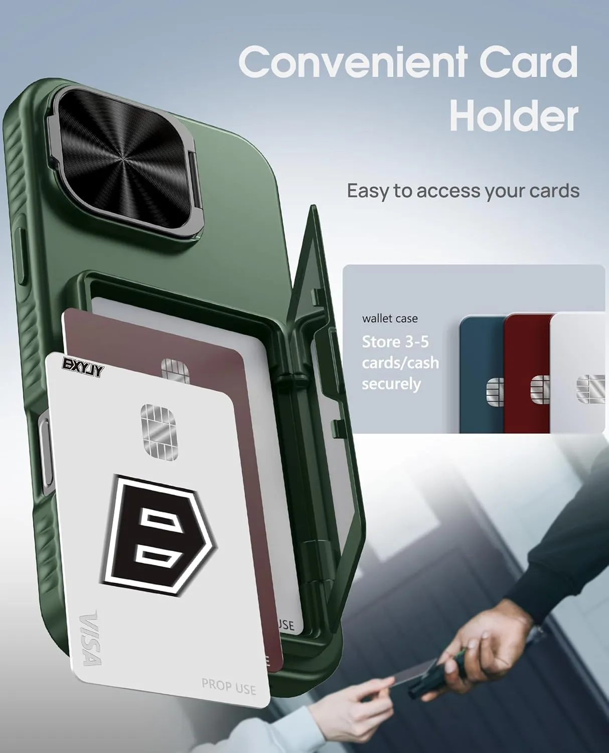 for iPhone 16 Pro Max Wallet Case, Built-in Credit Card Holder (4-5 Cards), Camera Cover Stand, Military Grade Protection, Rugged Heavy Duty Men Protective Phone Case for iPhone 16Pro Max, Green