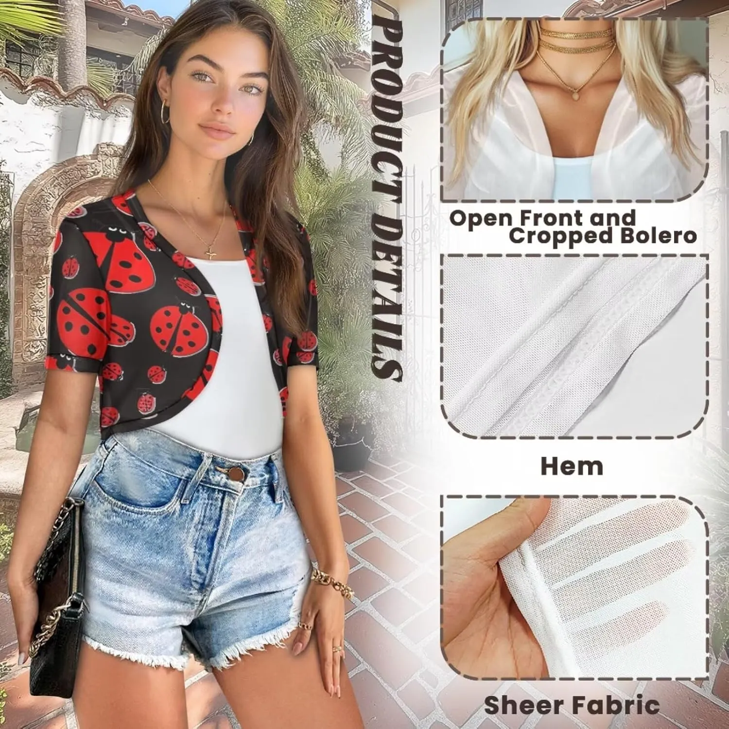 Forchrinse Womens Short Sleeves Cardigan V-Neck Open Front Cropped Cardigans Summer Sheer Bolero Shrug for Dresses