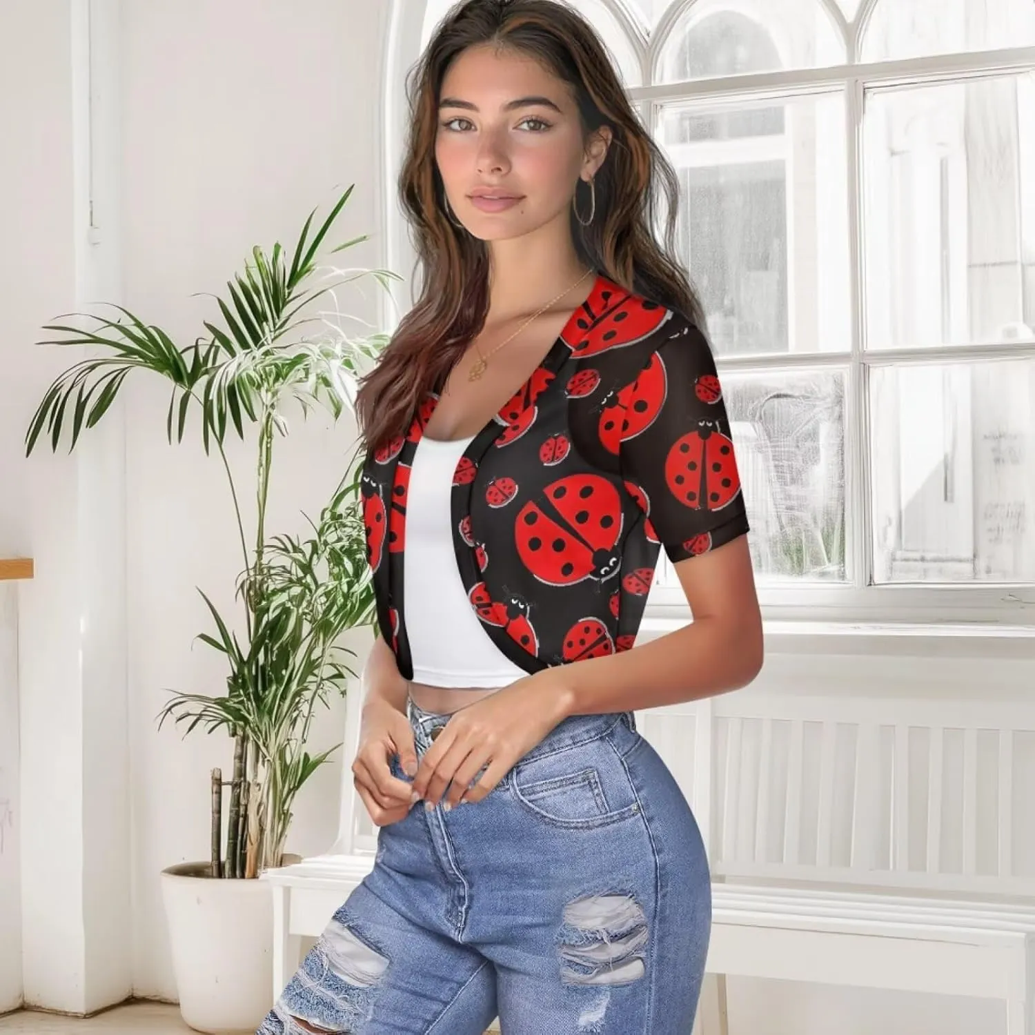 Forchrinse Womens Short Sleeves Cardigan V-Neck Open Front Cropped Cardigans Summer Sheer Bolero Shrug for Dresses