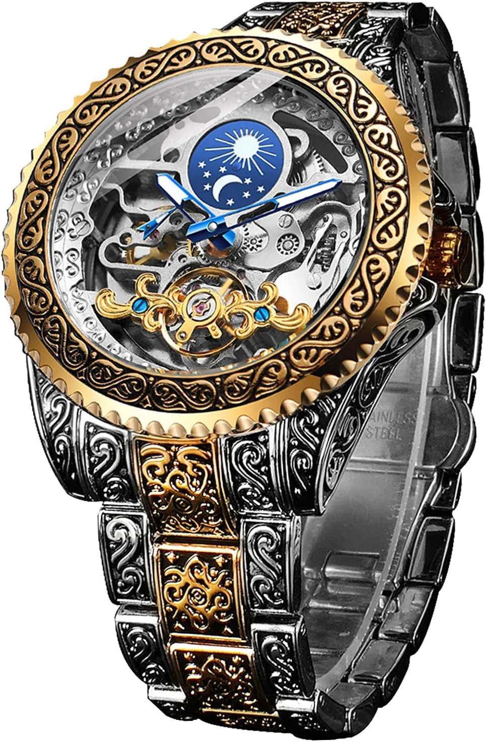 FORSINING Retro Watch for Men Carved Self-Wind Mechanical Tattoo Tourbillon Moon Phase Independent Seconds Skeleton Automatic Big Dial Wrist Watches