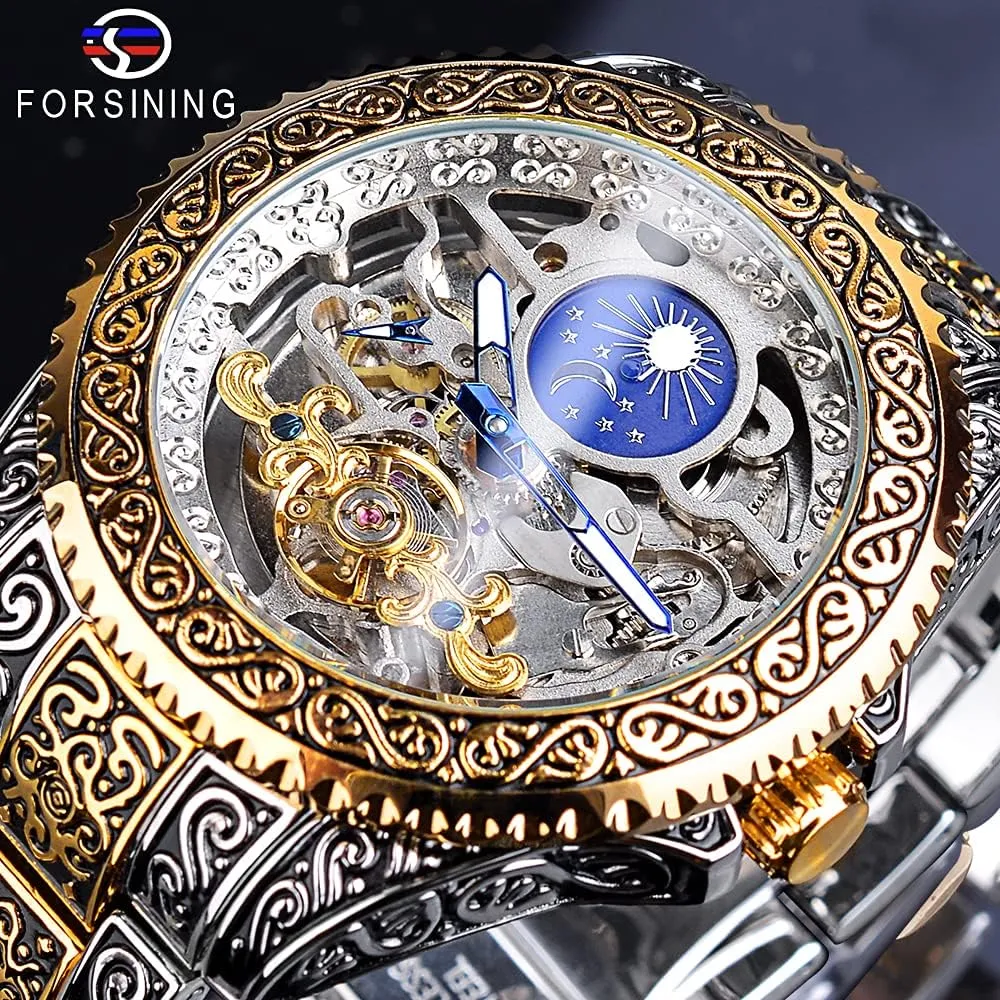 FORSINING Retro Watch for Men Carved Self-Wind Mechanical Tattoo Tourbillon Moon Phase Independent Seconds Skeleton Automatic Big Dial Wrist Watches
