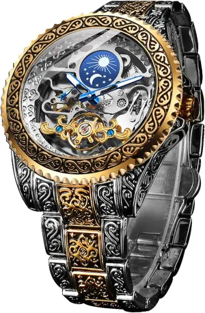 FORSINING Retro Watch for Men Carved Self-Wind Mechanical Tattoo Tourbillon Moon Phase Independent Seconds Skeleton Automatic Big Dial Wrist Watches