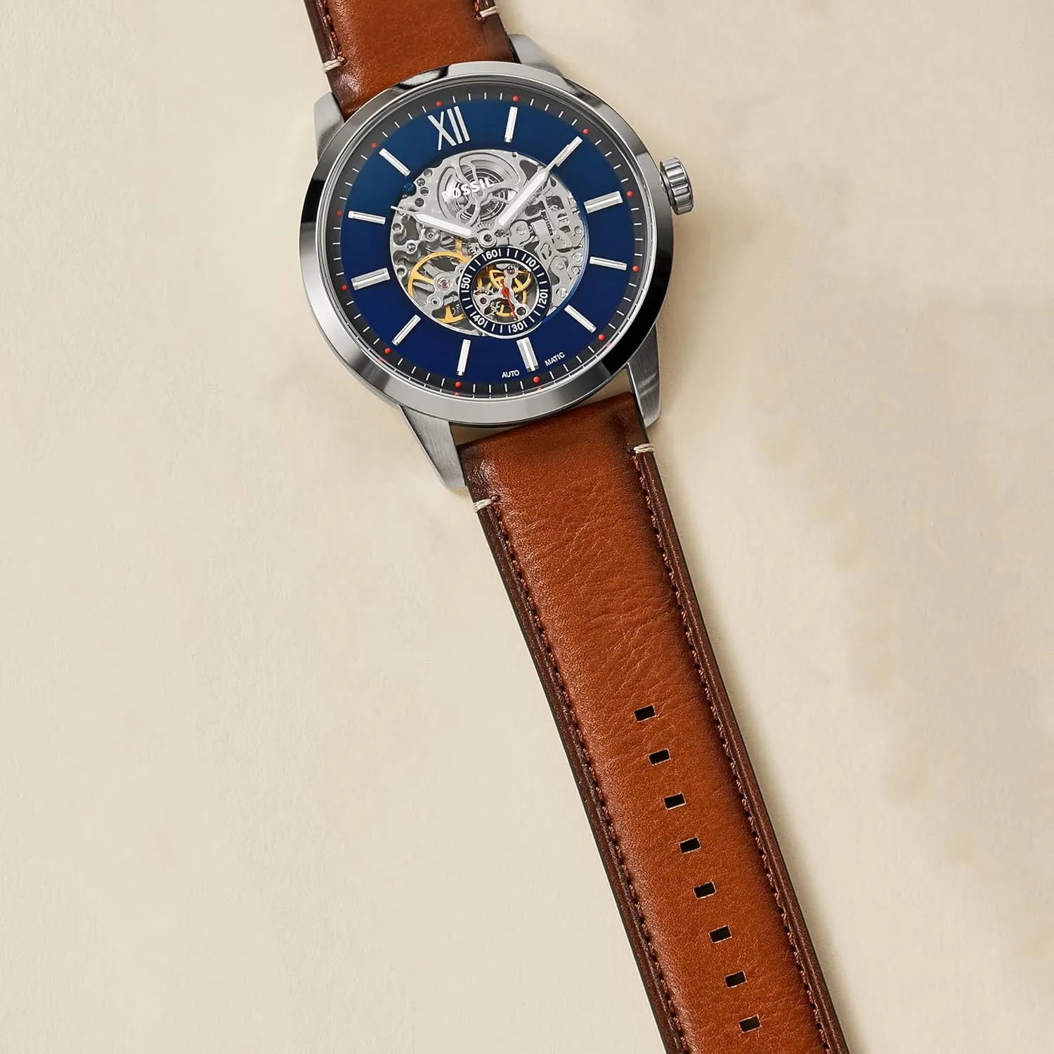Fossil Men's Townsman Automatic Stainless Steel and Leather Two-Hand Skeleton Watch
