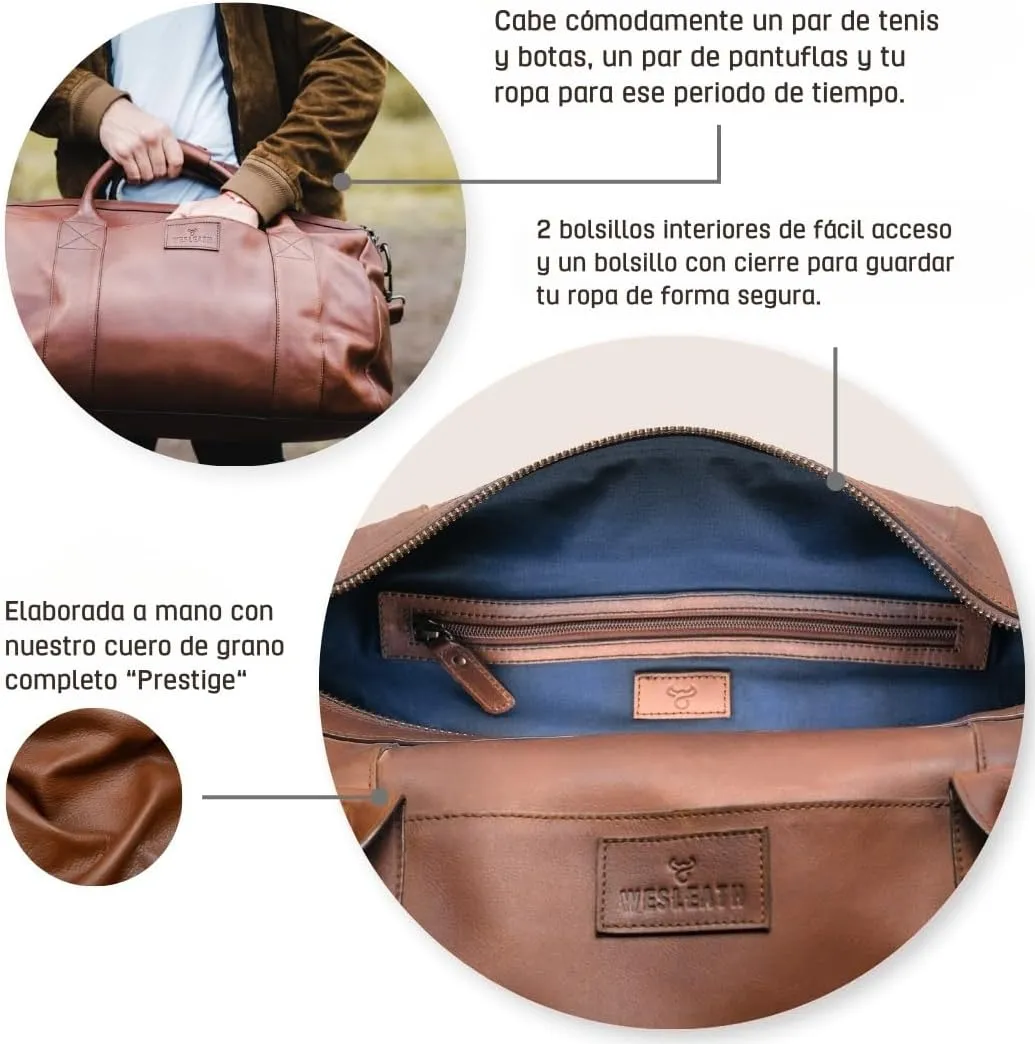 Full Grain Leather Duffle Bag – 40L Travel, Gym & Carry-On Weekender for Men | Handcrafted Overnight Bag with Brass Hardware, Bourbon Style