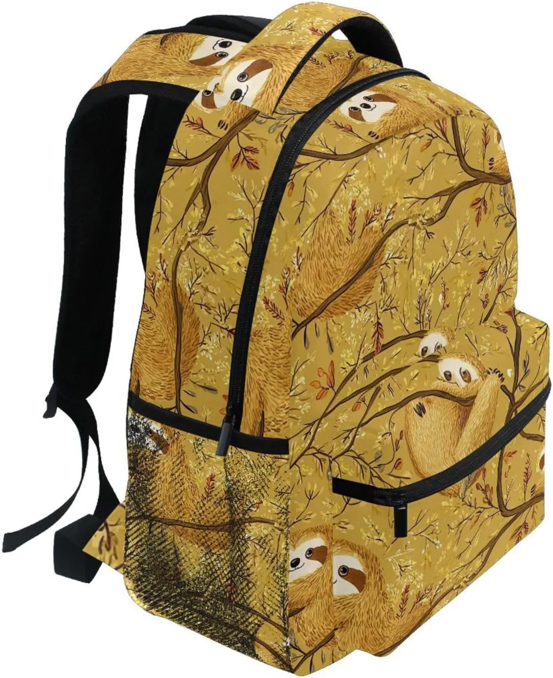 Fun Backpack for Teacher Nurse Waterproof Laptop Bag with Chest Strap for Travel Trip Cartoon Sweet Sloth Gold