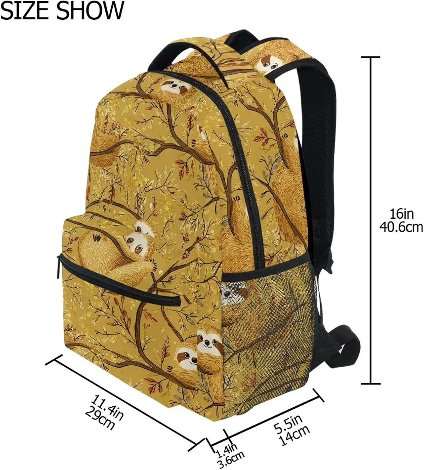 Fun Backpack for Teacher Nurse Waterproof Laptop Bag with Chest Strap for Travel Trip Cartoon Sweet Sloth Gold
