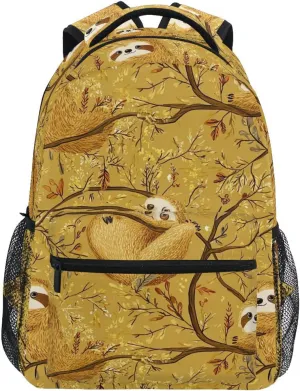 Fun Backpack for Teacher Nurse Waterproof Laptop Bag with Chest Strap for Travel Trip Cartoon Sweet Sloth Gold