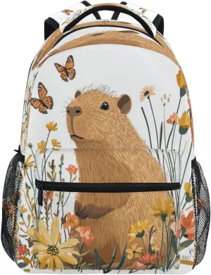 Fun Backpack for Teenager Fashion Laptop Bag with Chest Strap for Travel Trip Sweet Capybara White
