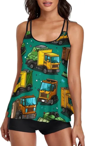 Garbage Truck Busy Day Women's Tankini Swimsuits Two Piece Bathing Suits with Shorts Swimwear