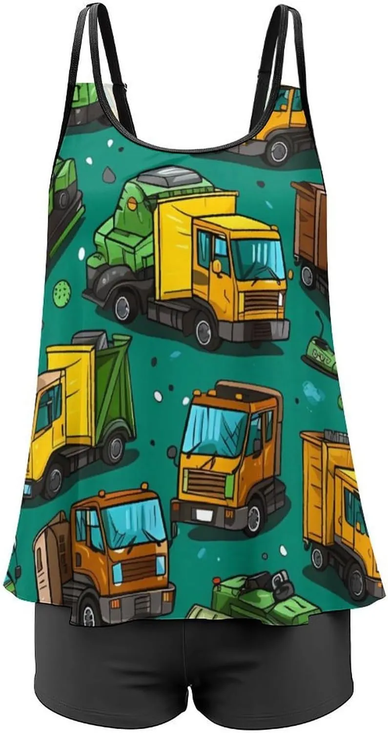 Garbage Truck Busy Day Women's Tankini Swimsuits Two Piece Bathing Suits with Shorts Swimwear