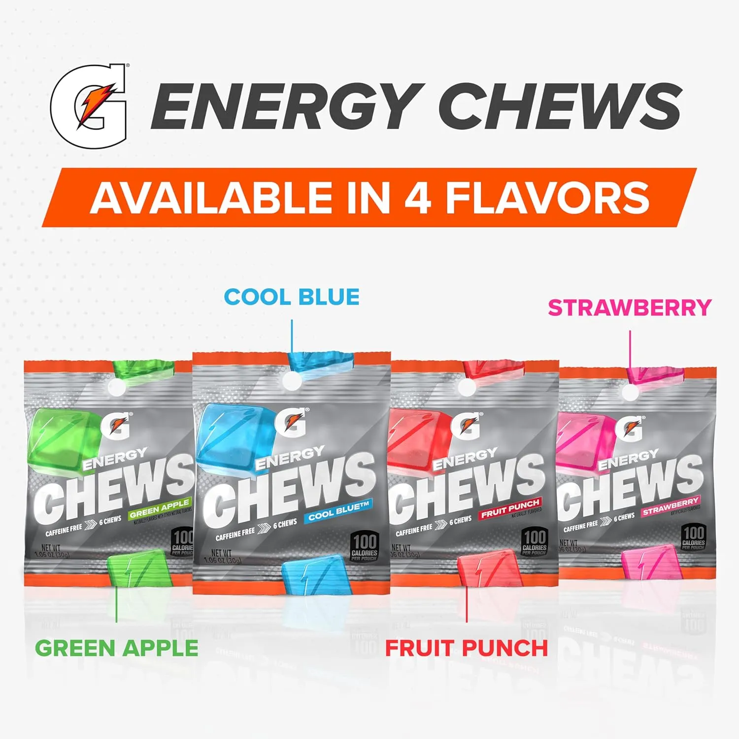 Gatorade Energy Chews, Fruit Punch, Caffeine Free, B12, 1.06 oz - 100 Calorie Pouches, (16 Pack)