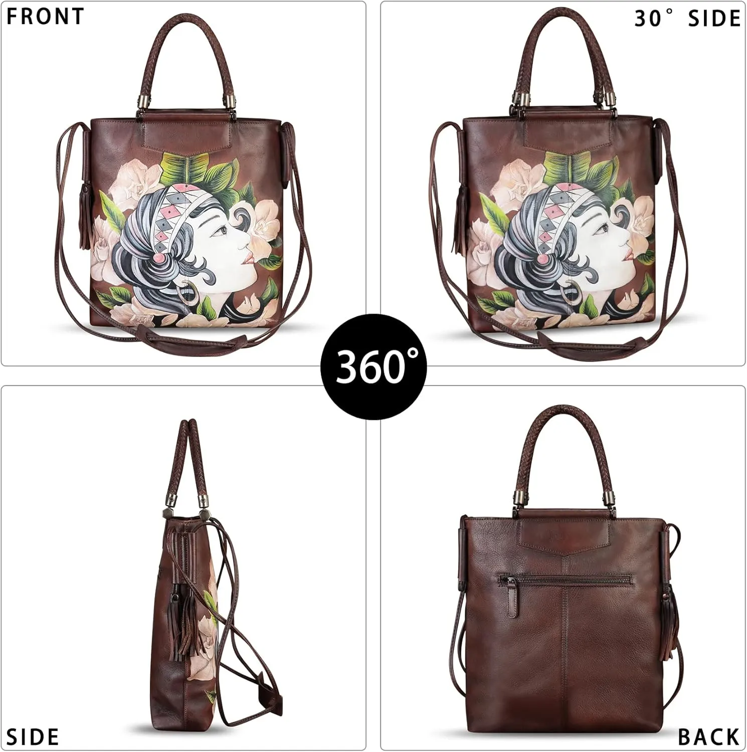 Genuine Leather Handbag for Women Hand Painted Leather Top Handle Bag Handmade Crossbody Purse Work Tote Bag