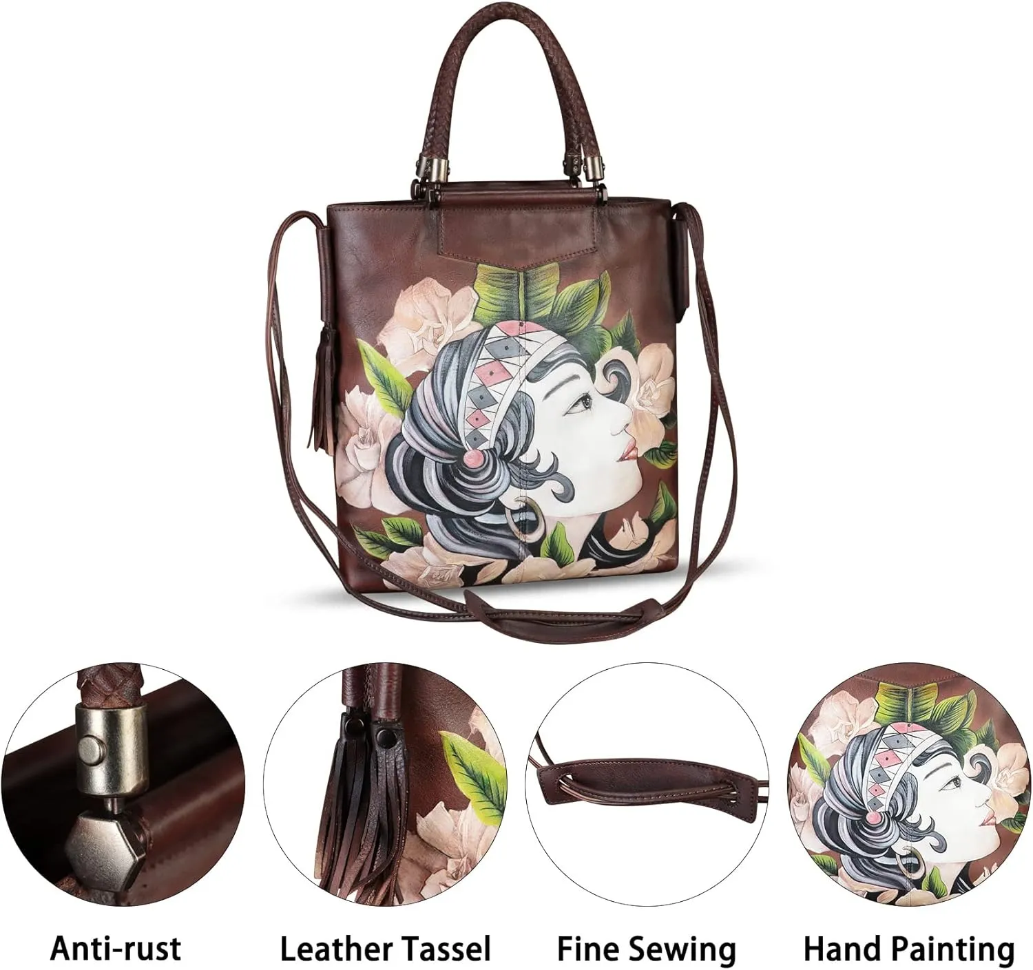 Genuine Leather Handbag for Women Hand Painted Leather Top Handle Bag Handmade Crossbody Purse Work Tote Bag