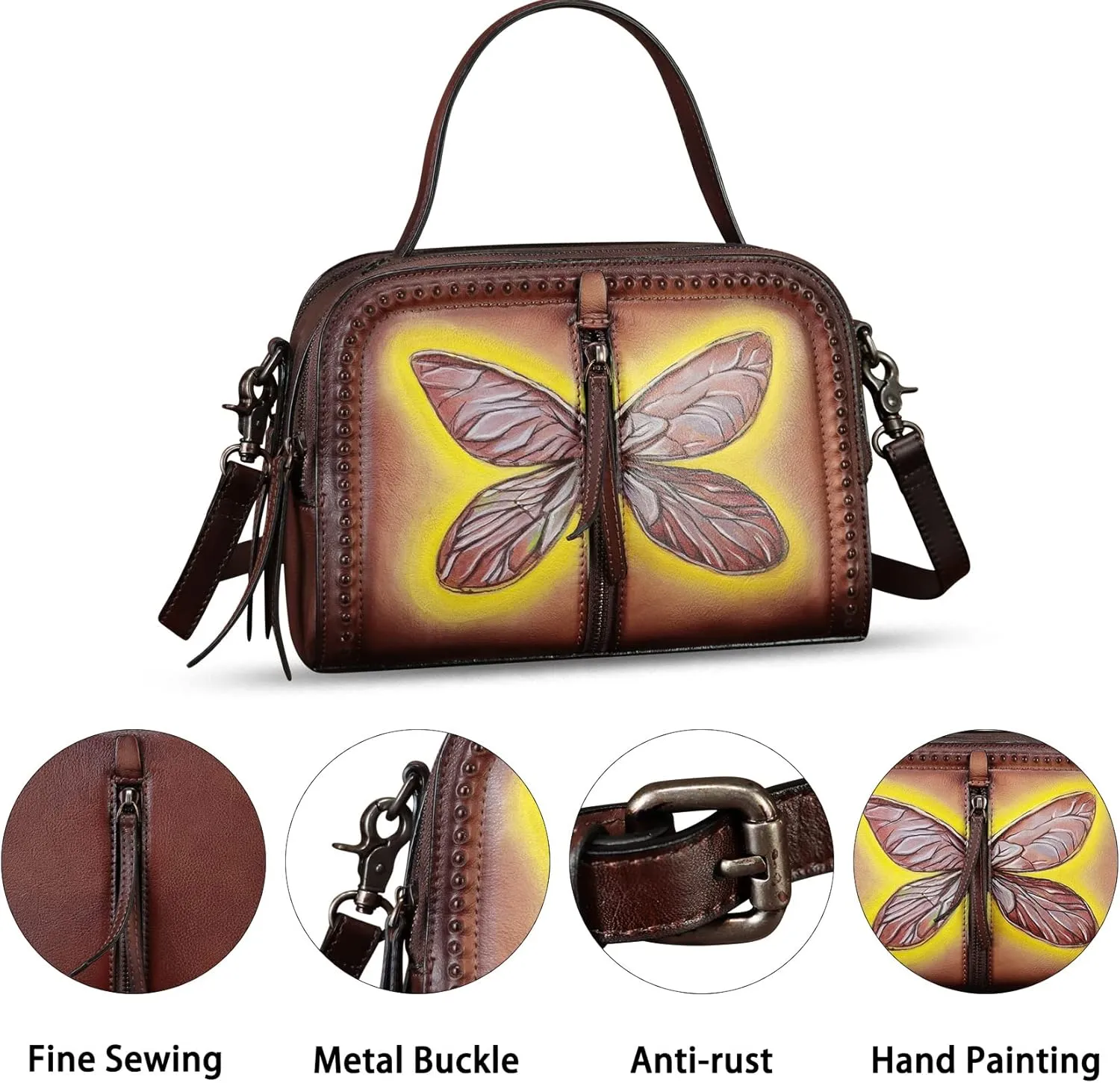 Genuine Leather Satchel for Women Hand Painted Leather Top Handle Handbag Handmade Crossbody Satchel Purse Tote Bag