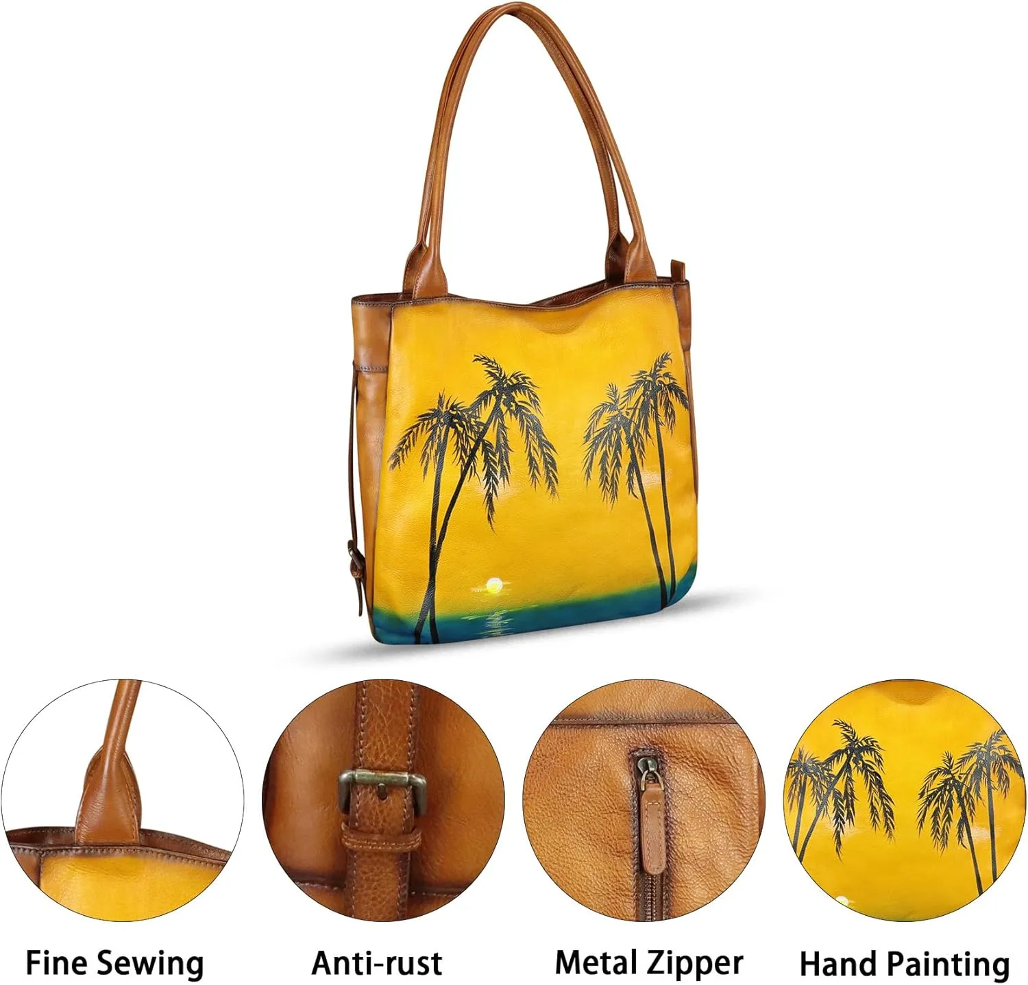 Genuine Leather Shoulder Bag for Women Hand Painted Leather Handbag Handmade Purse Work Tote Bag Casual Purse