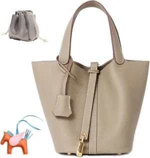 Genuine Leather Women's Bucket Bag Fashionable Lock Closure, Elegant Portable Shoulder Bag for Daily Use fashion Female Bag