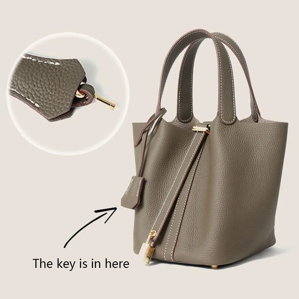 Genuine Leather Women's Bucket Bag Fashionable Lock Closure, Elegant Portable Shoulder Bag for Daily Use fashion Female Bag