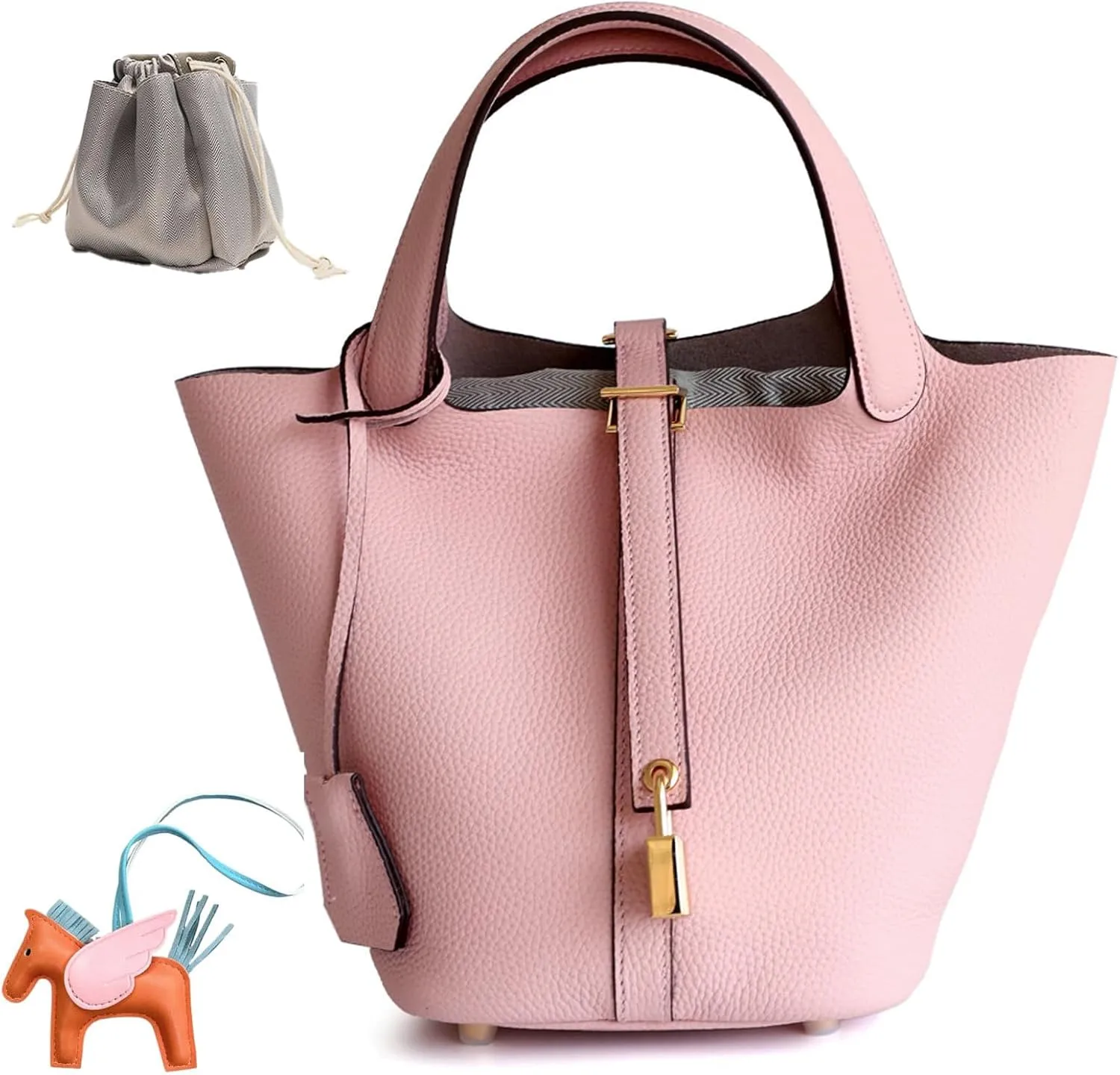 Genuine Leather Women's Bucket Bag Fashionable Lock Closure, Elegant Portable Shoulder Bag for Daily Use fashion Female Bag