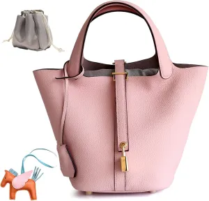 Genuine Leather Women's Bucket Bag Fashionable Lock Closure, Elegant Portable Shoulder Bag for Daily Use fashion Female Bag