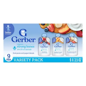 Gerber Baby Food Pouches, Very Berry (3), Peaches & Cream (2), Strawberry Banana (2), Value Pack, Fruit and Yogurt, Toddler, (3.5 oz each), (Pack of 9)